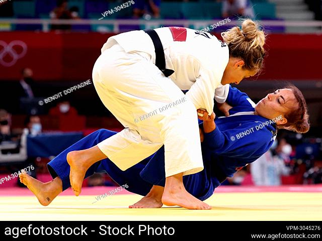 Belgian Judoka Charline Van Snick (blue) and Italia Odette Giuffrida (white) pictured in action during the quarterfinal match in the women's -52kg judo...