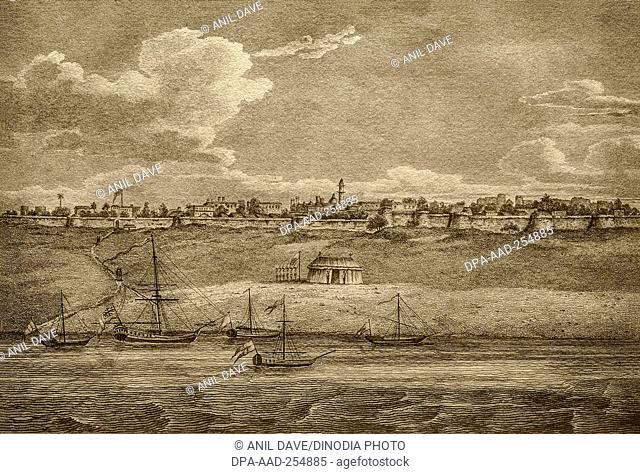Vintage lithograph of cambay, gujarat, india, aia, 1772