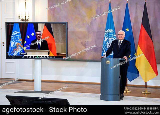 22 February 2021, Berlin: German President Frank-Walter Steinmeier and Tedros Adhanom Ghebreyesus, Director-General of the World Health Organization (WHO)