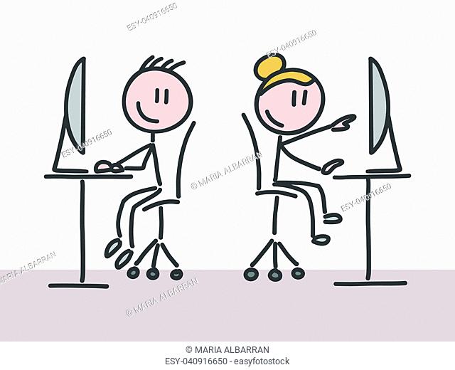 A man and a woman working in an office