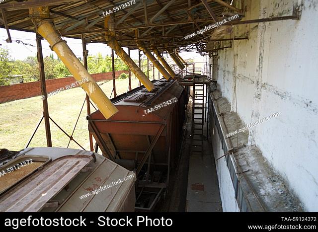 RUSSIA, ZAPOROZHYE REGION - MAY 16, 2023: Railway cars fill up with wheat at a grain storage facility in the village of Akimovka, Melitopol District