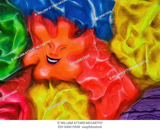 Colourful backdrop image showing a laughing star and a multitude of colours