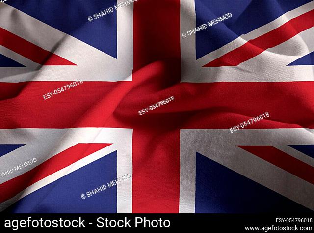 Closeup of Ruffled United Kingdom Flag, United Kingdom Flag Blowing in Wind