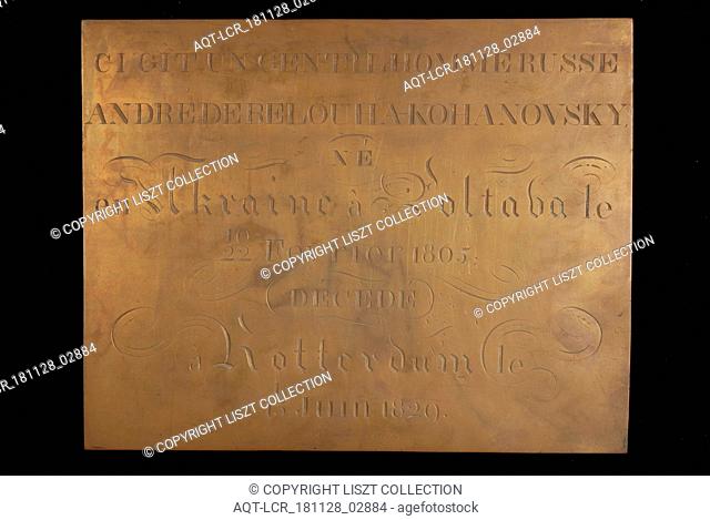 Pieter Roosing, Copper plaque of the tomb of AndrÃ© de Belouha-Kohanovsky, 1829, plaque sculpture copper metal, engraved Copper plaque commemorative plate...
