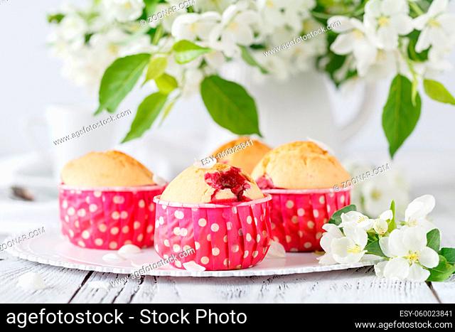 Fresh homemade cupcakes the apple blossoming branch on a white wooden table