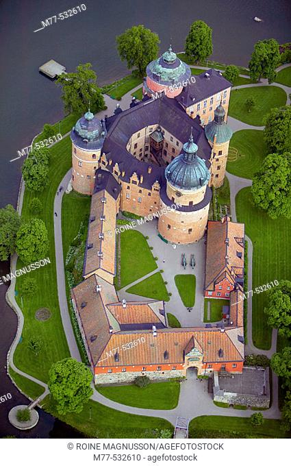 Old castle and lake, aerial view. Gripsholm castle, Mariefred, Södermanland,  Sweden
