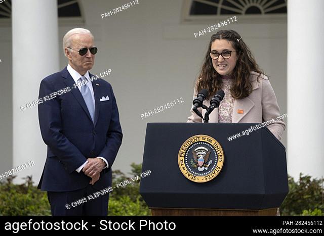 Mia Tretta, a victim of gun violence speaks during an event announcing new actions by the Biden Administration to fight gun crime