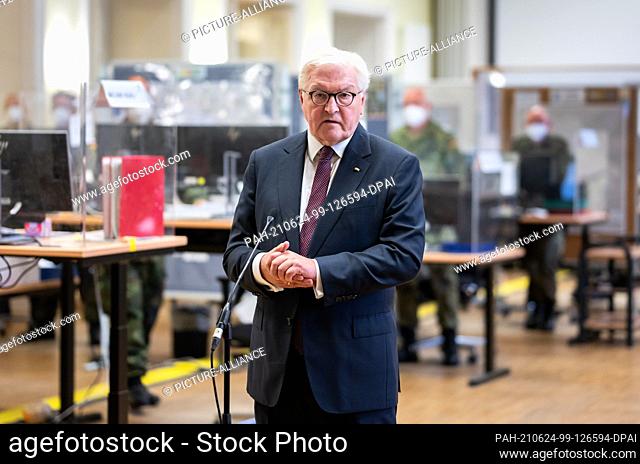 24 June 2021, Berlin: Federal President Frank-Walter Steinmeier visits the Bundeswehr's Territorial Tasks Command in Berlin and makes a statement to the media...