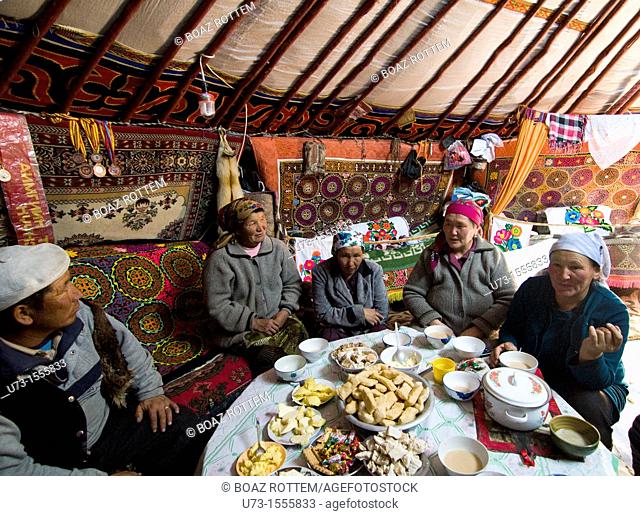 A traditional Kazakh feast inside a Kazakh yurt