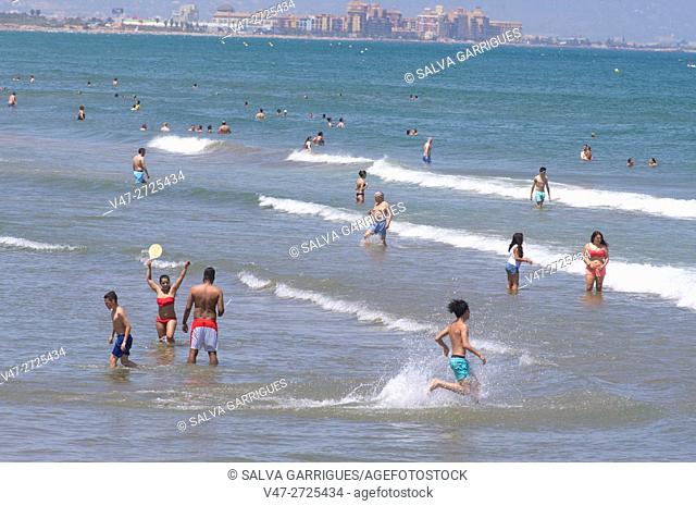 Vacationers enjoy the beach Malvarrosa, Valencia, Spain, Europe