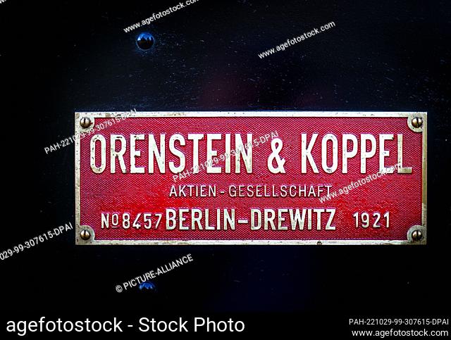 29 October 2022, Mecklenburg-Western Pomerania, Klütz: The nameplate of the small steam locomotive with 20 hp of the company Orenstein&Koppel from the year of...
