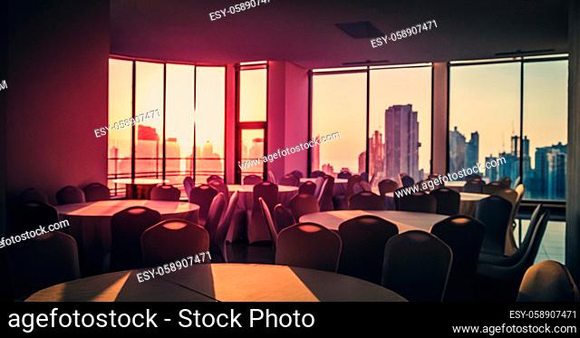 blurry image of empty dining room with city skyline and sunset sky background -