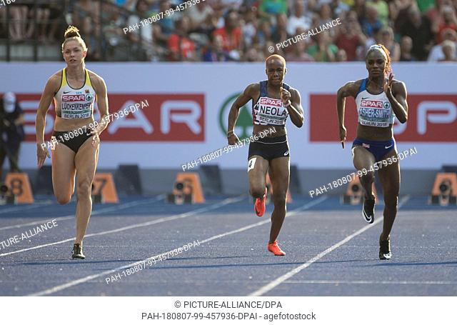 07 August 2018, Germany, Berlin: Track and Field: European Athletics Championships in the Olympic Stadium. 100 m semi-final, women