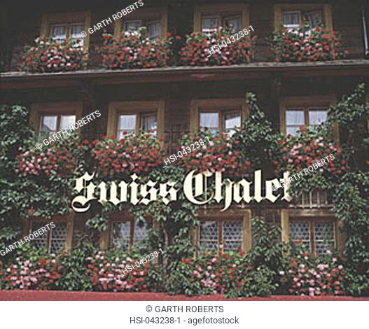 travel, Switzerland, Lucern, Luzern, Europe, chalet, Swiss Chalet, architecture, wooden, log, wood, cabin, sign, Swiss, chalet, floral, flora, flowers