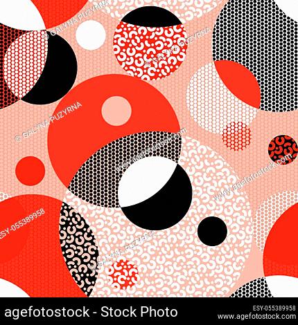 Abstract decorative circles seamless pattern for background, fabric, textile, wrap, surface, web and print design. Red and black sport vibes vector tile rapport