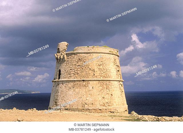 Spain, Formentera, Cap de Barbaria, Torre of the Garroveret  , Pityusen, island, watchtower, tower, ruin, construction, sea gaze, wideness, distance, horizon