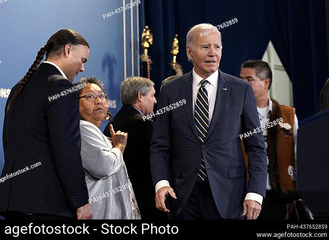 United States President Joe Biden greets participants after making remarks and signing an Executive Order on Reforming Federal Support for Tribal Nations at the...