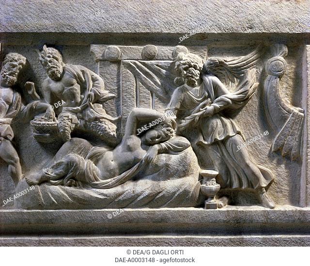 Roman civilization. Marble sarcophagus with relief depicting the life of Ariadne at Naxos. From Alexandria. Detail: Ariadne asleep, protected by Hypnos