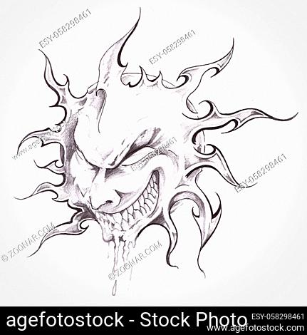 sun monster, handmade tattoo drawing