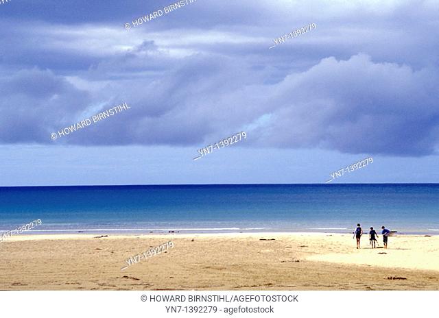 Vast expanse of open beach along the southern Australian coastline with three surfies seen in the distance enjoying the freedom af the wide open spaces