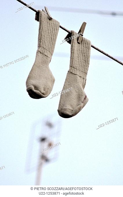 Rimini (Italy), socks hanging on a string, a decoration in San Giuliano’s neighborhood during the Festa de' Borg (‘Hood party’)