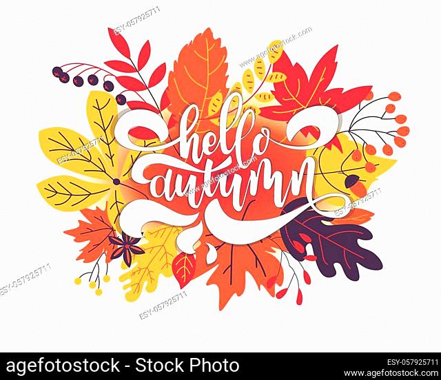 Hello autumn. Hand drawn calligraphy and brush pen lettering. design for holiday greeting card and invitation of seasonal autumnholiday