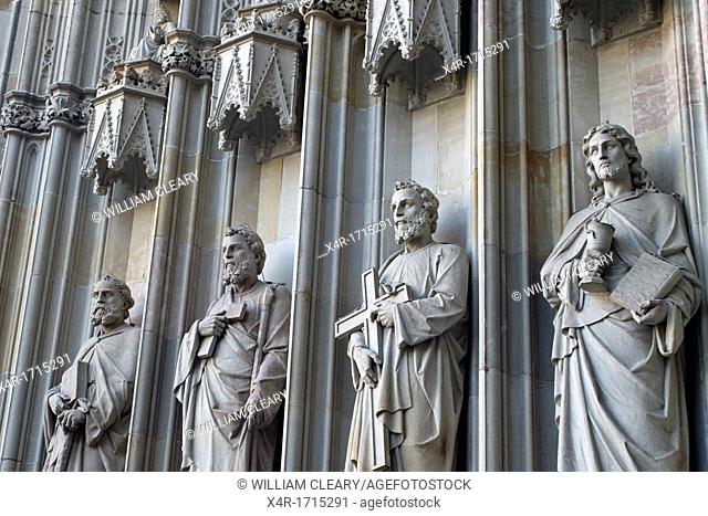 Statues on The Cathedral of the Holy Cross and Saint Eulalia or Barcelona Cathedral, Barcelona, Spain