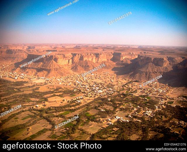 Aerial view to Shibam city and wadi Hadhramaut in Yemen