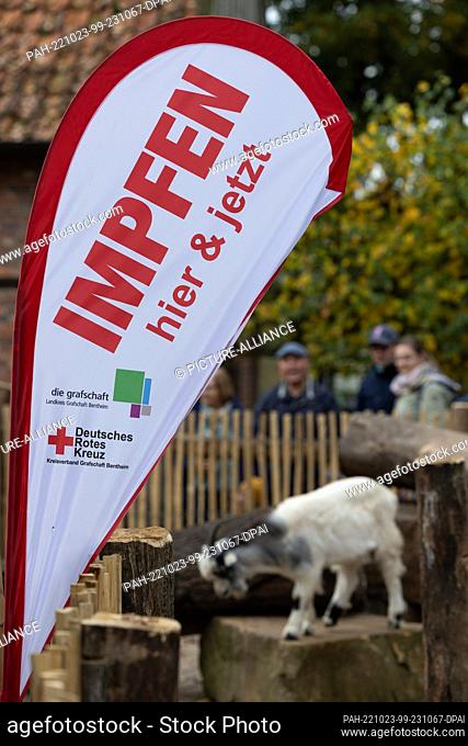 23 October 2022, Lower Saxony, Nordhorn: A banner ""Vaccinate here & now"" stands in front of an enclosure with goats. In an open vaccination campaign by the...