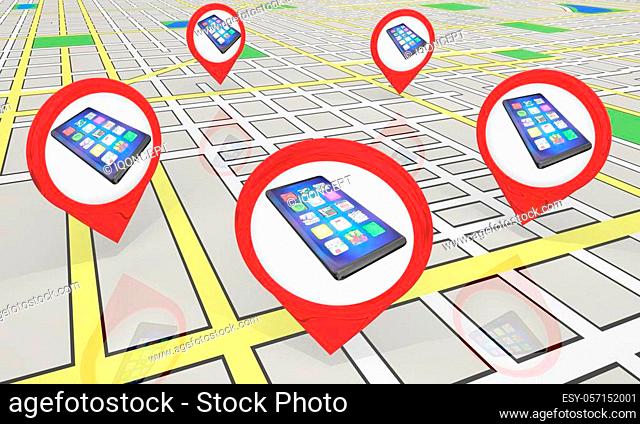 New Smart Phone Cell Store Locations Map Pins 3d Illustration