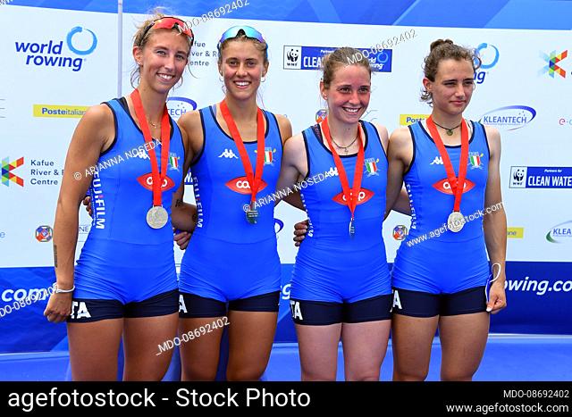 Arianna Passini , Elena Sali , Greta Martinelli , Arianna Noseda of Italy gold medal during World Rowing Cup III. Sabaudia (Italy), June 5th, 2021