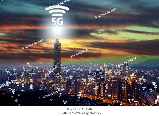 The Network connection technology in the city, with 5g internet networking sign