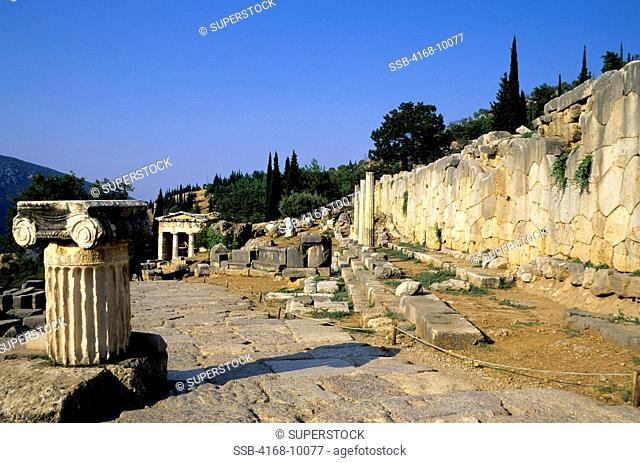 Greece, Delphi, Sanctuary Of Apollo, Sacred Way, Ionian Capital, Treasury Of The Athenians