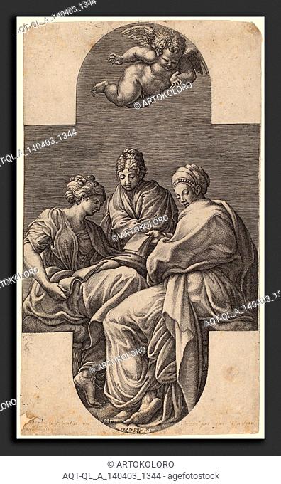Giorgio Ghisi after Francesco Primaticcio (Italian, 1520 - 1582), Three Muses and a Gesturing Putto, 1560s, engraving on laid paper