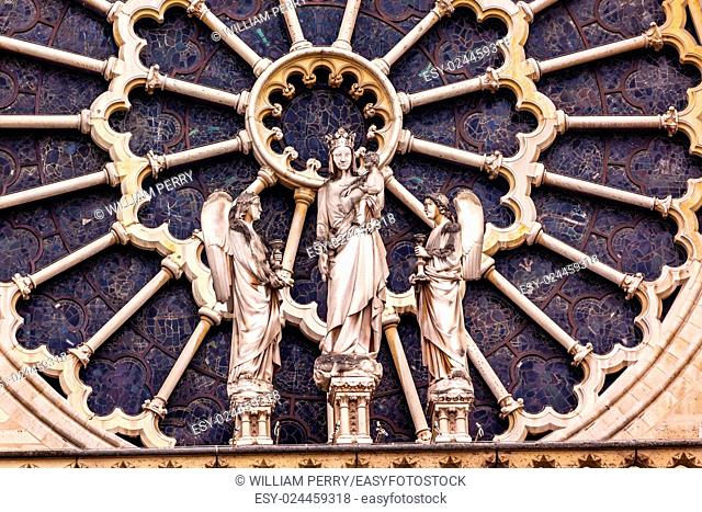 Mary Angels Facade Rose Window Notre Dame Cathedral Paris France. Notre Dame was built between 1163 and 1250AD