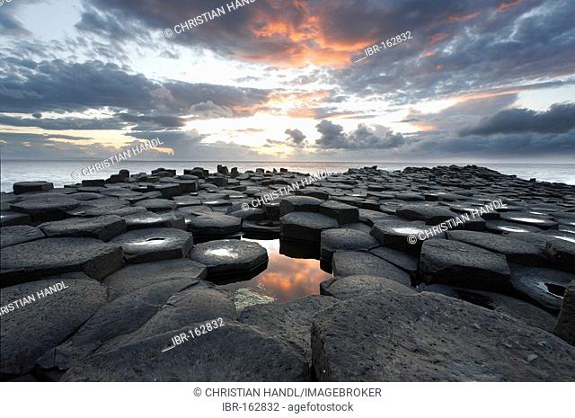 Sunset at the basalt columns of the Giant's Causeway, Londonderry, North Ireland
