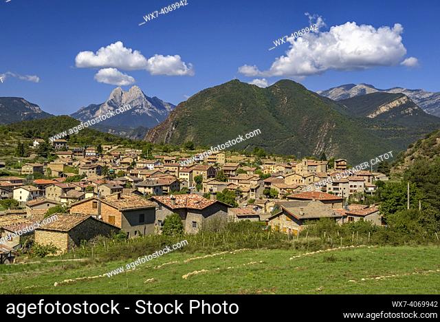 The town of Sant Juliá  de Cerdanyola with the Pedraforca mountain in the background (Berguedá , Catalonia, Spain, Pyrenees)