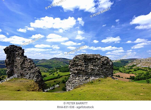 View towards limestone escarpment of Creigiau Eglwyseg, from Castell Dinas Bran, Llangollen, Denbighshire, Wales, United Kingdom, Europe