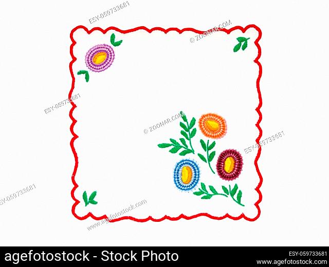 Embroidery with floral motif isolated on white background