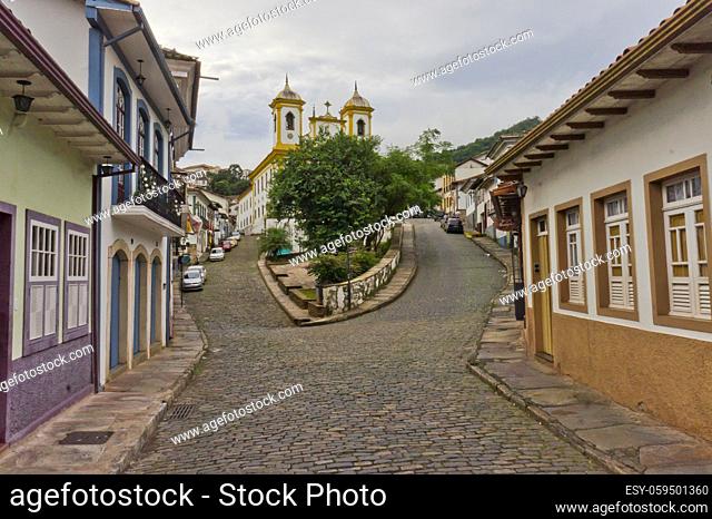 Ouro Preto, Old city street view with a Colonial Church, Brazil, South America