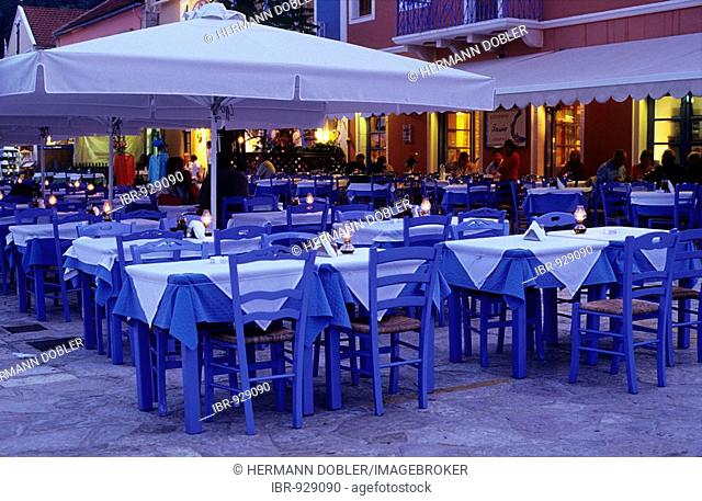 Restaurant on Fiskardo harbour, Island of Kefalonia, Greece, Europe