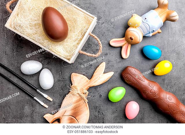 Variety of traditional Easter decoration on a rustic background