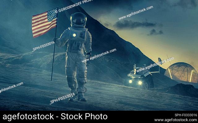 Astronaut walking with a US flag on an alien planet