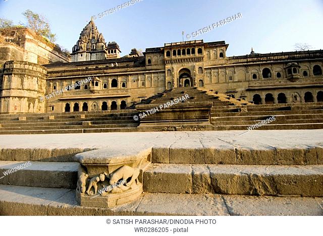Maheshwar ghat temple fort and palace on bank of river Narmada , Madhya Pradesh , India