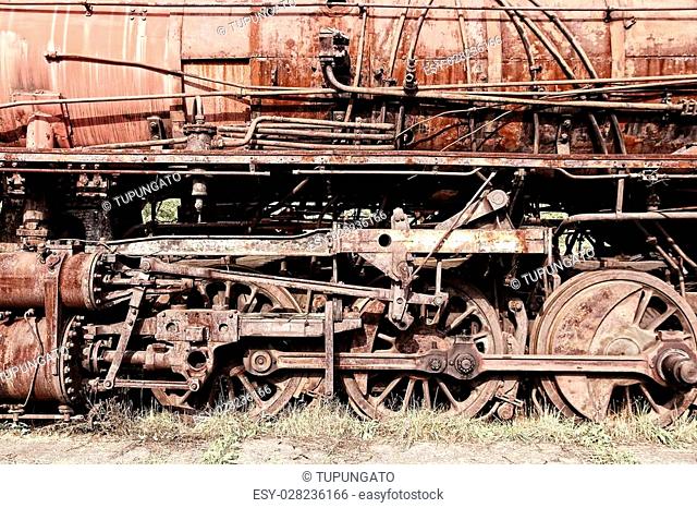 Old rusty steam engine graveyard in Pyskowice, Poland. Abandoned steam trains