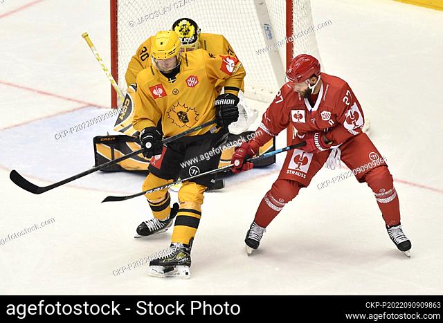 L-R Petter Granberg (Skelleftea), goalkeeper Gustaf Lindvall (Skelleftea) and Martin Ruzicka (Trinec) in action during the Champions Hockey League, Group H