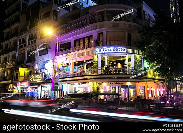 famous restaurant in downtown phnom penh riverside district street at night in cambodia