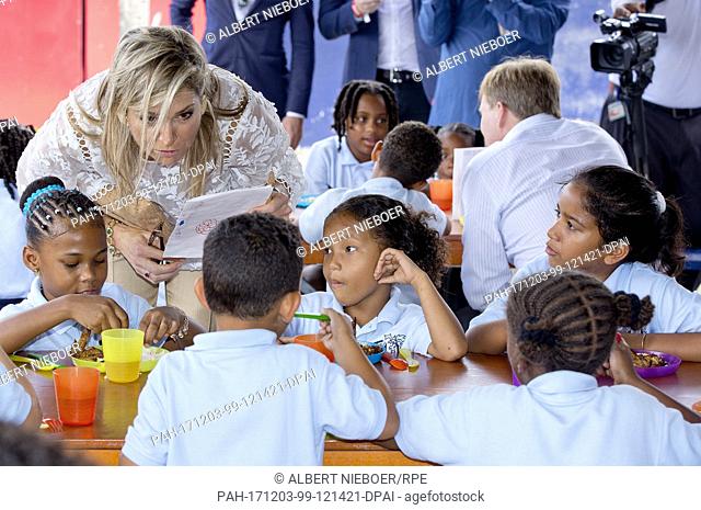 Queen MÃ¡xima of The Netherlands visit the Sundial school where food is distributed by the Red Cross at St Maarten, on December 2, 2017