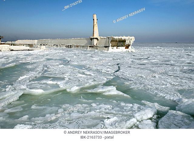 Icy pier, frozen Black Sea, a rare phenomenon, occured in 1977 for the last time, Odessa, Ukraine, Eastern Europe