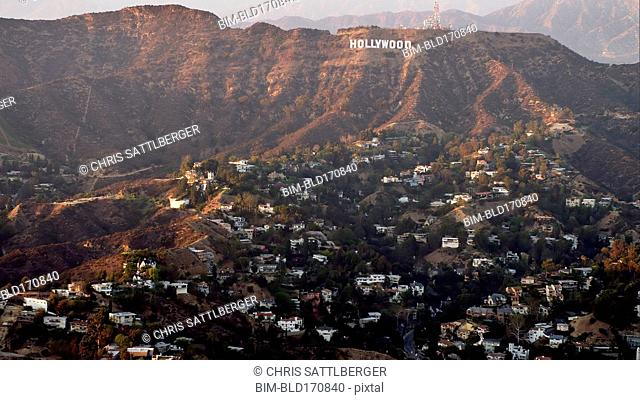 Aerial view of Hollywood sign over Los Angeles cityscape, California, United States